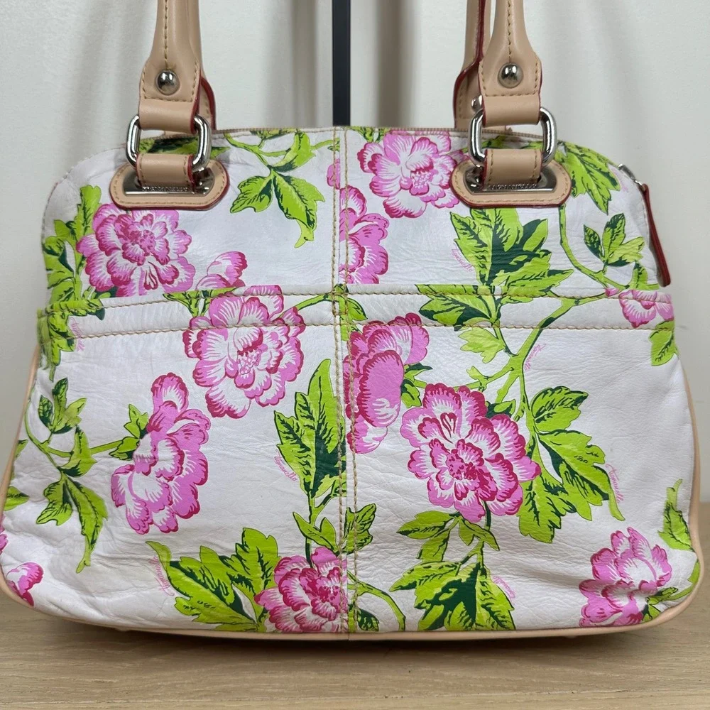 Tignanello Satchel Handbag White Pink Green Floral Leather Cottagecore Y2K Purse